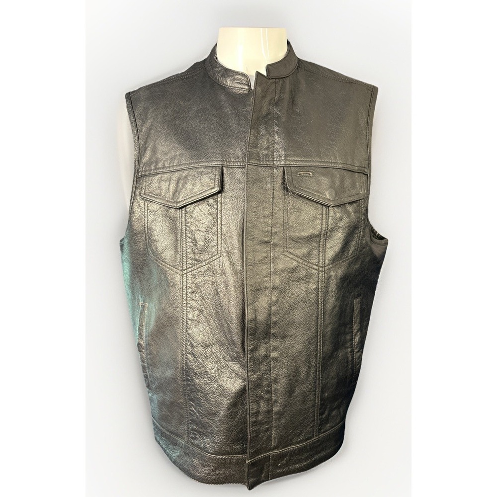 FMC XXL Men's Motorcycle Western Style Genuine Leather Vest Zip & Snap Pockets